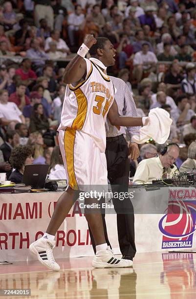 Ron Slay of Tennessee cheers on his teammates as they battle North Carolina during a timeout during the NCAA South Regional at the Frank Erwin Center...