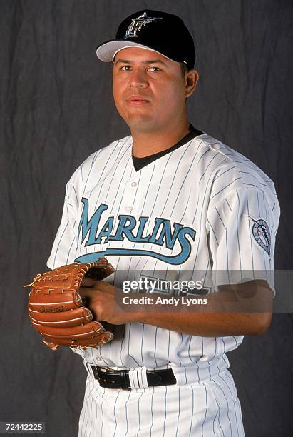 Pitcher Armando Almanza of the Florida Marlins poses for a studio portrait during Spring Training Photo Day in Viera, Florida. Mandatory Credit: Andy...