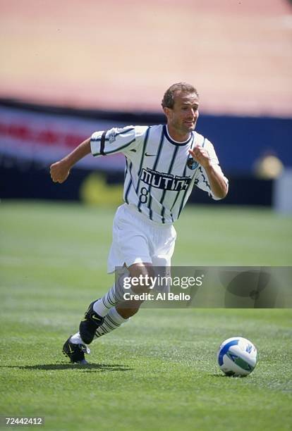 Dominic Kinnear of the Tampa Bay Mutiny controls the ball during the game against the New Jersey Metrostars at the Giant Stadium in East Rutherford,...
