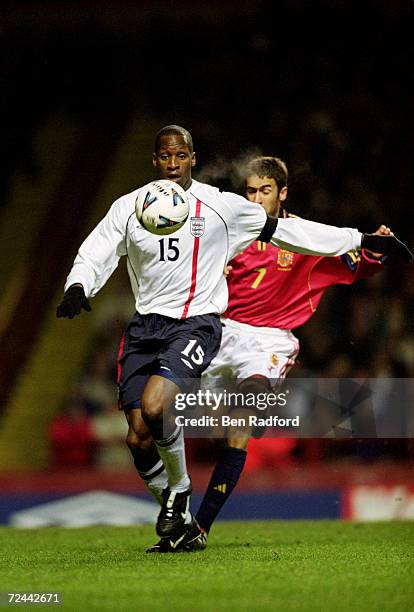 Ugo Ehiogu of England clears the danger from Raul of Spain during the International Friendly match played at Villa Park in Birmingham, England....
