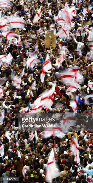 Thousands of rugby fans crowd into Trafalgar Square during the England Rugby World Cup team victory parade December 8, 2003 in London. Up to half a...
