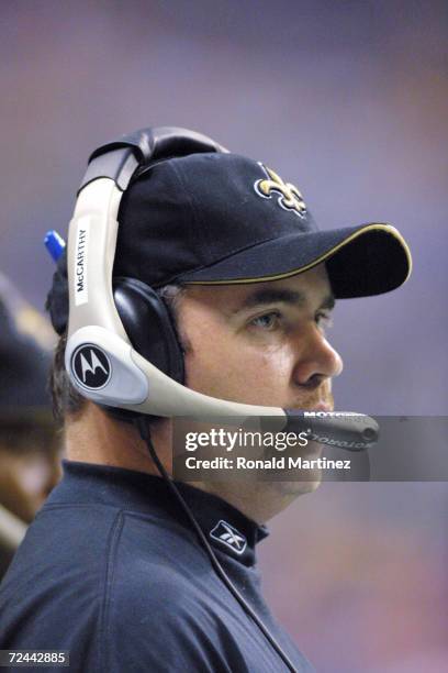 Offensive Line assistant Mike McCarthy of the New Orleans Saints observes the play during the pre-season game against the Minnesota Vikings at the...