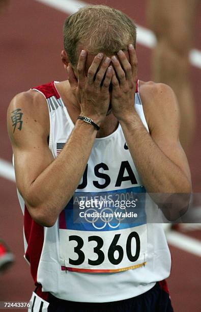 Alan Webb of USA reacts after the men's 1500 metre event on August 20, 2004 during the Athens 2004 Summer Olympic Games at the Olympic Stadium in the...