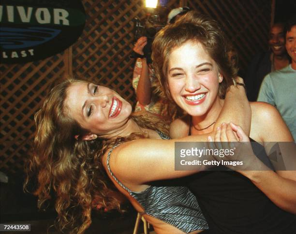 Contestants Jenna Lewis, left, and Colleen Haskell arrive for the "Survivor: The Reunion" party August 23, 2000 at the CBS studios in Los Angeles,...