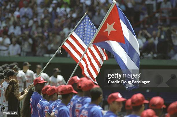 General view of the pre-game celebration on the field before the game between the Baltimore Orioles and the Cuban National Team at the Estadio...