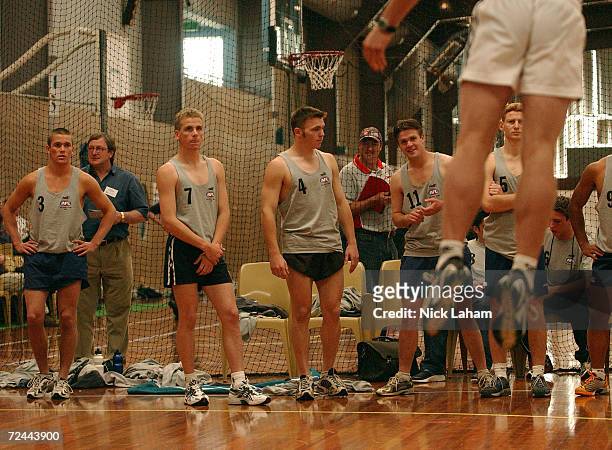 Hopeful AFL footballers watch to a vertical leap test at the 8th Official AFL Draft Camp held at the Australian Institute of Sport, Canberra,...