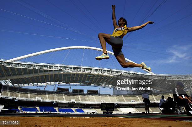 Competitor peforms in the long jump qualifying during the Greek National Championships in the Olympic stadium on June 10, 2004 in Athens. The meeting...