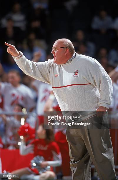 Head Coach Rick Majerus of the Utah Runnin Utes points on the court during the first round of the NCAA Tournament Game against the St. Louis...