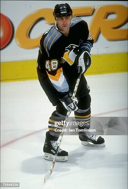Defenseman Jeff Serowik of the Pittsburgh Penguins in action during the game against the Calgary Flames at the Canadien Airlines Saddledome in...