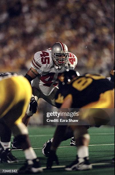 Middle linebacker Andy Katzenmoyer of the Ohio State Buckeyes in action during the game against the West Virginia Mountaineers at the West Virginia...