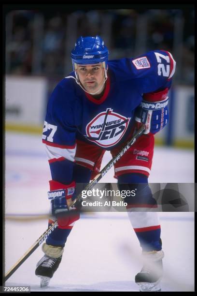 Defenseman Teppo Numminen of the Winnipeg Jets looks on during a game against the Anaheim Mighty Ducks at Arrowhead Pond in Anaheim, California. The...