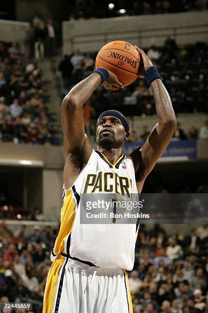 Stephen Jackson of the Indiana Pacers shoots a free throw against the New Orleans/Oklahoma City Hornets during the game at Conseco Fieldhouse on...