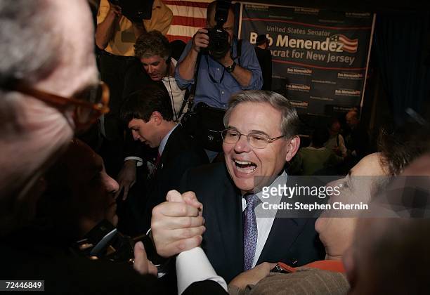 Sen. Robert Menendez greets supporters at election night headquarters after defeating Republican challenger Thomas Kean Jr., November 7, 2006 in East...