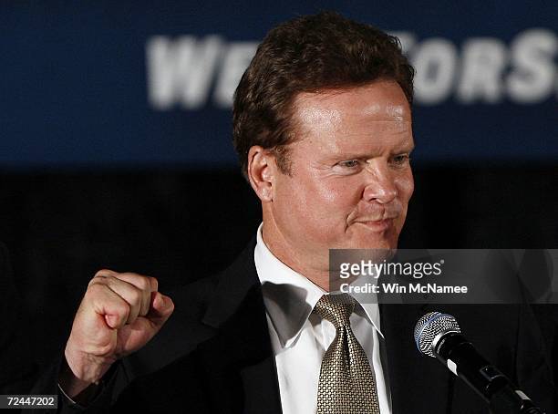 Democratic U.S. Senate candidate Jim Webb speaks to supporters during an election night party appearance November 7, 2006 in Vienna, Virginia. Webb's...