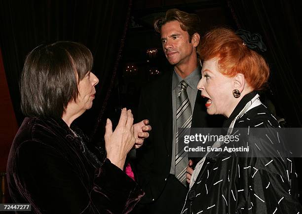 Actress Frances de la Tour chats with actress Arlene Dahl and son Lorenzo Lamas at The History Boys special screening after party at The Hotel Plaza...