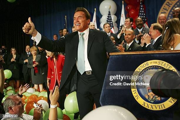 California Gov. Arnold Schwarzenegger celebrates his victory over Democrat Treasurer Phil Angelides on Election Night on November 7, 2006 in Los...