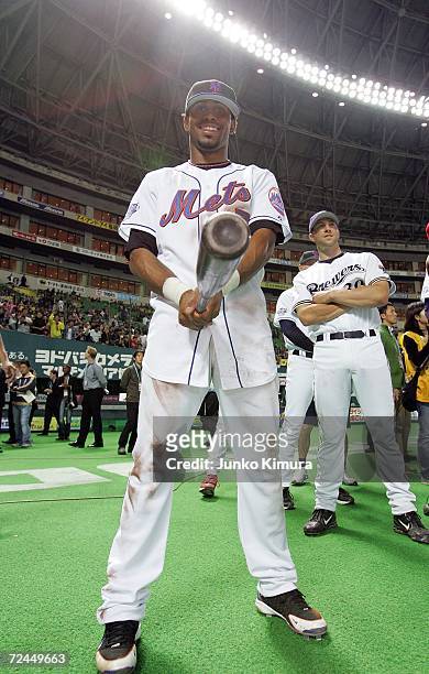Jose Reyes of the New York Mets celebrates after winning the Aeon All Star Series Day 5 - MLB v Japan All-Stars at Fukuoka Yahoo! Japan Dome on...