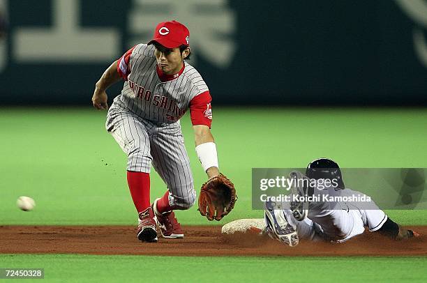 Eishin Soyogi of Hiroshima Toyo Carp in position to catch the ball while Jose Reyes of the New York Mets slides into the second base during the Aeon...