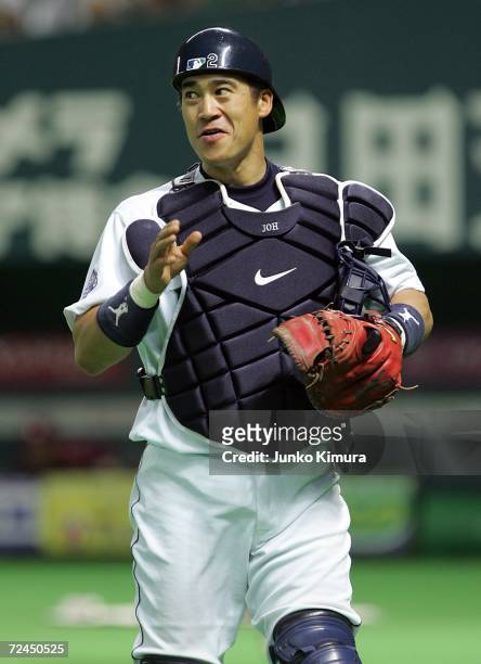 Kenji Johjima of the Seattle Mariners is seen during the Aeon All Star Series Day 5 - MLB v Japan All-Stars at Fukuoka Yahoo! Japan Dome on November...