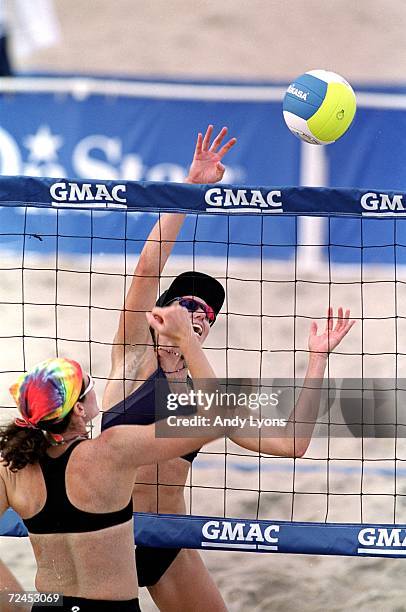 Elaine Youngs spikes the ball during the Oldsmobile Alero Beach Volleyball Challenge Series in Deerfield Beach, Florida. Mandatory Credit: Andy Lyons...