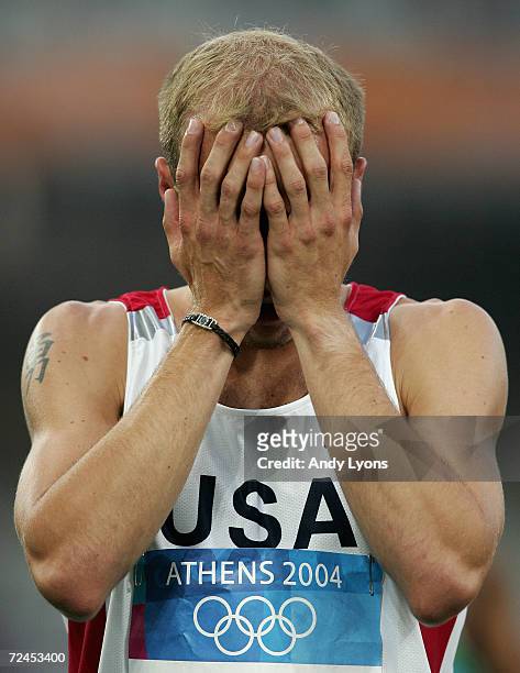 Alan Webb of USA reacts after the men's 1500 metre event on August 20, 2004 during the Athens 2004 Summer Olympic Games at the Olympic Stadium in the...
