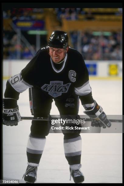 Center Wayne Gretzky of the Los Angeles Kings looks on during a game against the Buffalo Sabres at Memorial Stadium in Buffalo, New York. Mandatory...