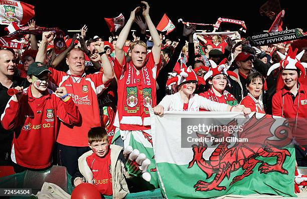 Wrexham Fans celebrate winning the LDV Vans Trophy match between Southend United and Wrexham at the Millennium Stadium on April 10, 2005 in Cardiff,...