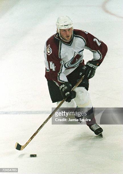 Jon Klemm of the Colorado Avalanche in action against the Phoenix Coyotes at McNichols Arena in Denver, Colorado. Klemm score two goals as the...