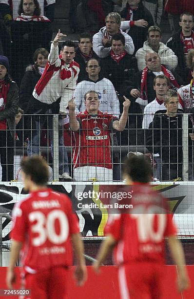 Cologne supporters make rude gestures to the players after losing the Second Bundesliga match between 1. FC Cologne and Erzgebirge Aue at...