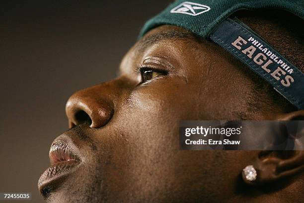 Terrell Owens of the Philadelphia Eagles looks on from the sideline during the game against the Washington Redskins at Lincoln Financial Field on...