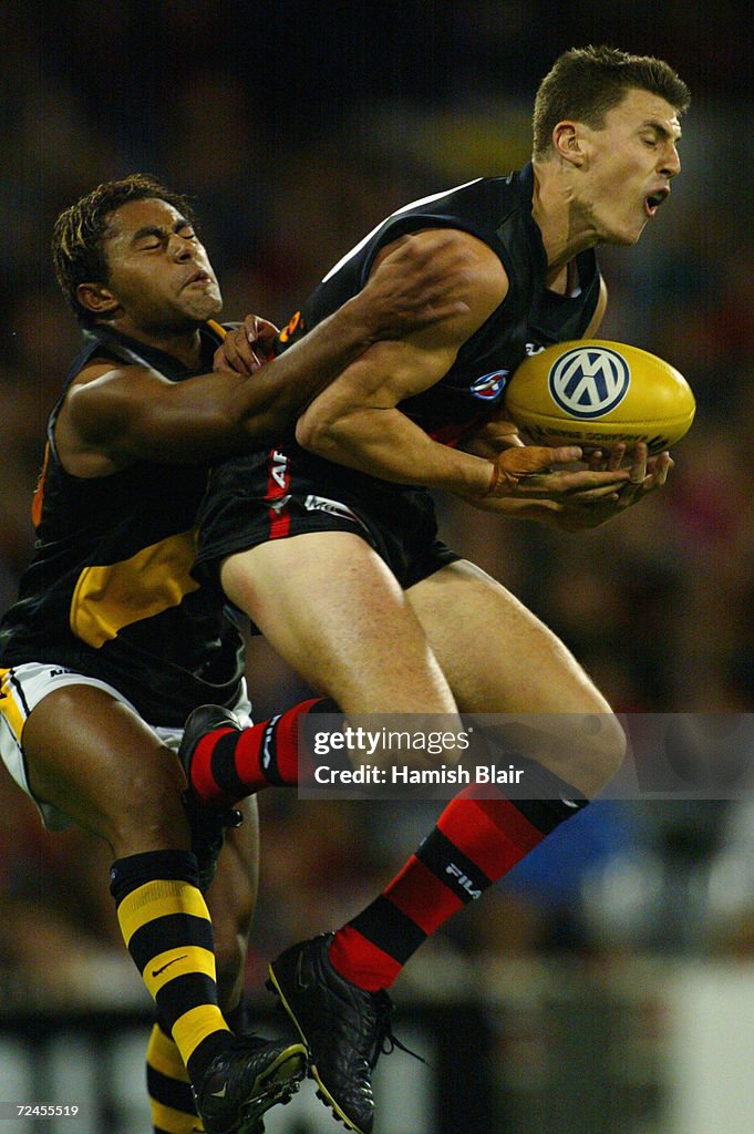 David Rodan Matthew Lloyd for Essendon attempts to mark in front of David Rodan ...