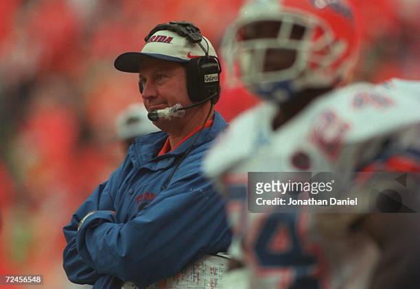 Head coach Steve Spurrier of the Florida Gators is visibly distraught as he looks on from the sideline during the Gators 35-29 victory over the...