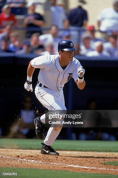 Gabe Alvarez of the Detroit Tigers runs to first base during the Spring Training Game against the Baltimore Orioles at the Marchant Stadium in...