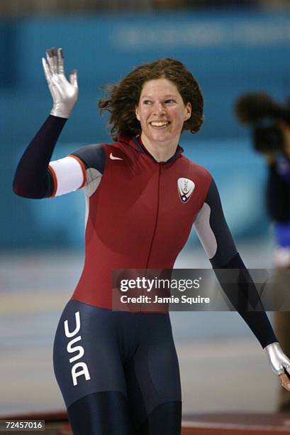 Becky Sundstrom of the USA waves to the crowd after competeing in the women's 500m speed skating event during the Salt Lake City Winter Olympic Games...