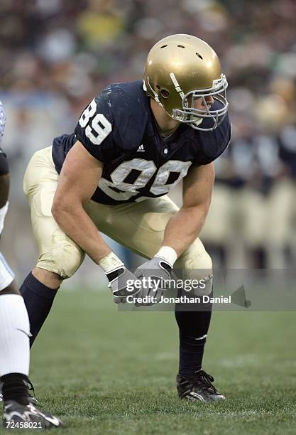 John Carlson of the Notre Dame Fighting Irish gets ready on the line during the game against the North Carolina Tar Heels on November 4, 2006 at...