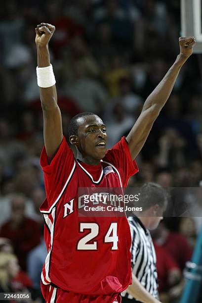 Julius Hodge of North Carolina State celebrates during the ACC Tournament game against Maryland at the Charlotte Coliseum in Charlotte, North...