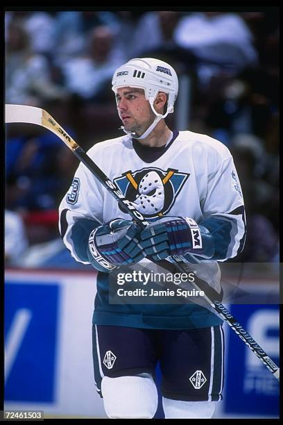 Defenseman Jason York of the Anaheim Mighty Ducks looks on during a game against the Toronto Maple Leafs at Arrowhead Pond in Anaheim, California....