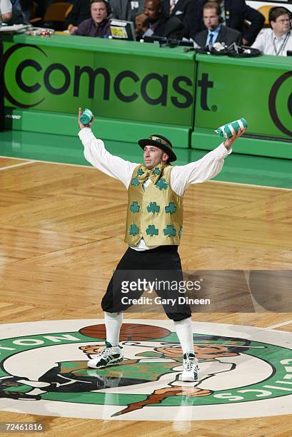 Lucky, the Celtics mascot, entertains the fans during a game between the Boston Celtics and the New Orleans/Oklahoma City Hornets at the TD Banknorth...
