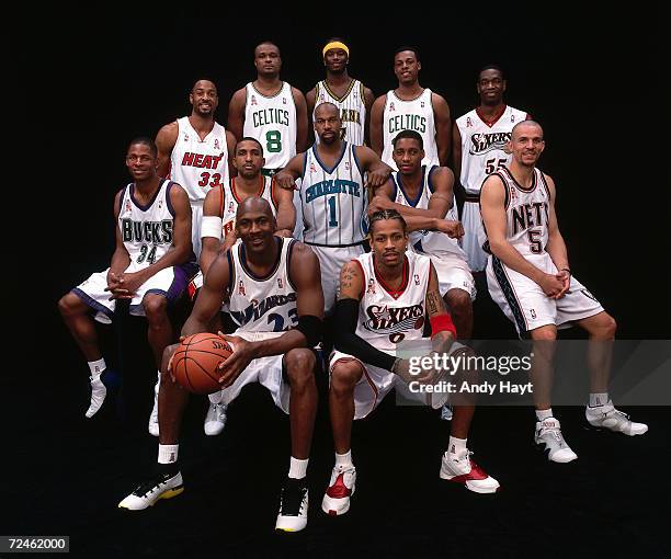 The 2002 All-Star East team poses for a portrait from Top to Bottom : Alonzo Mourning, Antoine Walker, Jermaine O''Neal, Paul Pierce, Dikembe...