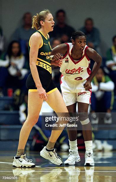 Lisa Leslie of the Team USA guards Lauren Jackson of Team Australia during the Women's Basketball game in the US Olympic Cup at the RIMAC Arena in...