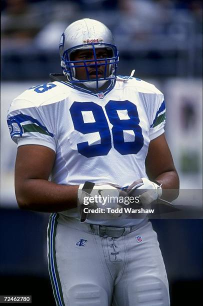 Defensive tackle Sam Adams of the Seattle Seahawks looks on during the game against the San Diego Chargers at the Qualcomm Stadium in San Diego,...