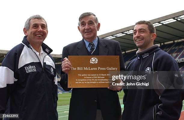 Bill McLaren who commentates on his last international match at Murrayfield tomorrow between Scotland and France is presented with a plaque by the...