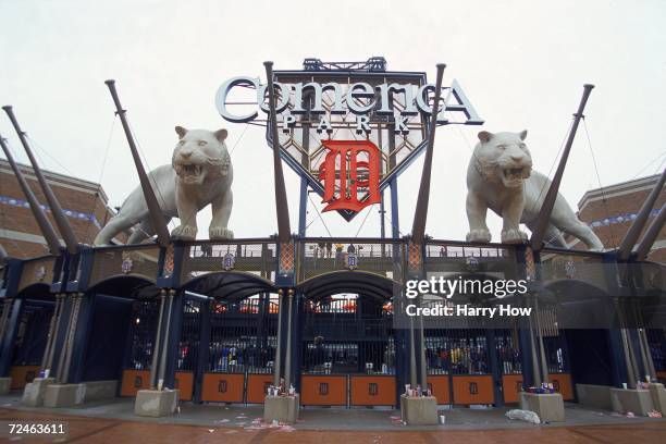 An exterior shot of Comerica Park during its opening day during the game between the Seattle Mariners and the Detroit Tigers in Detroit, Michigan....