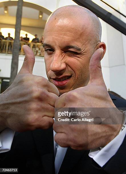 Actor Vin Diesel arrives for the premiere of the film "The Chronicles of Riddick" at the Universal Studios Park June 3, 2004 in Los Angeles,...