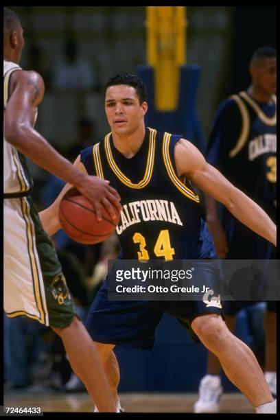 Guard Tony Gonzalez of the California Bears plays defense during a game against the University of San Francisco Dons held at memorial Gymnasium in...