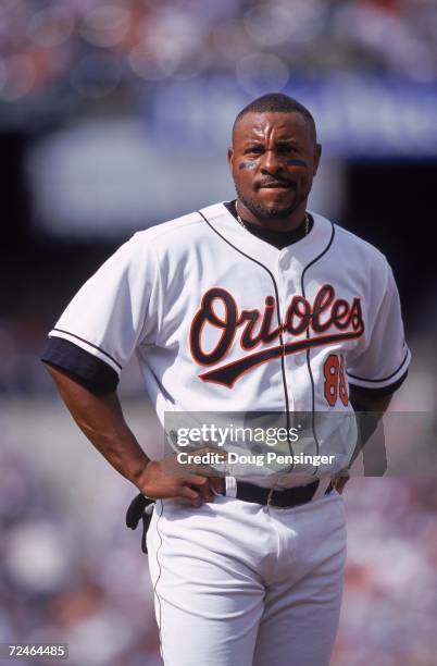 Albert Belle of the Baltimore Orioles looks on during game against the Cleveland Indians at the Camden Yards in Baltimore, Maryland. The Indians...