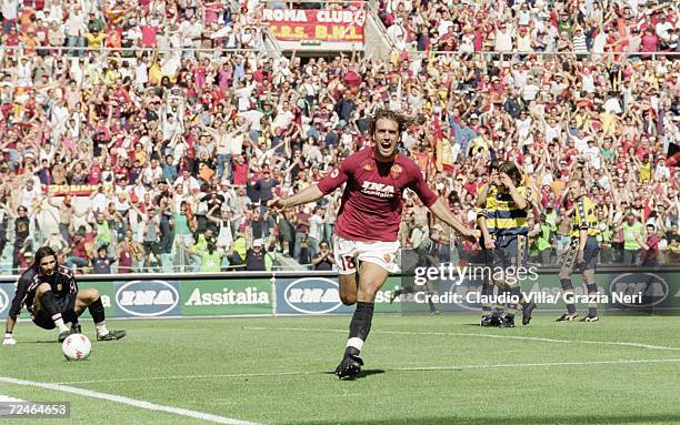 Gabriel Batistuta of Roma celebrates his goal against Parma during the Serie A match at the Stadio Olimpico in Rome. Roma won 3-1 to take the...