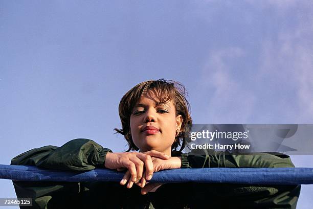 Freeda Foreman daughter of George Foreman poses in the ring for the camera during a press conference at the Regent Hotel in Las Vegas, Nevada.