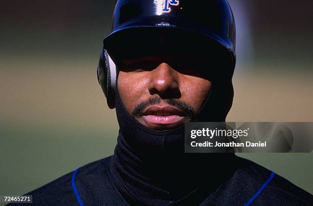 Close up of Bobby Bonilla of the New York Mets as he looks on during warm ups before the game against the Chicago Cubs at Wrigley Field in Chicago,...