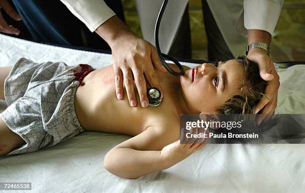 An Iraqi boy gets examined at the Al Jarmouk hospital emergency room on April 13, 2004 in Baghdad, Iraq. A tenous cease fire in Fallujah is still...